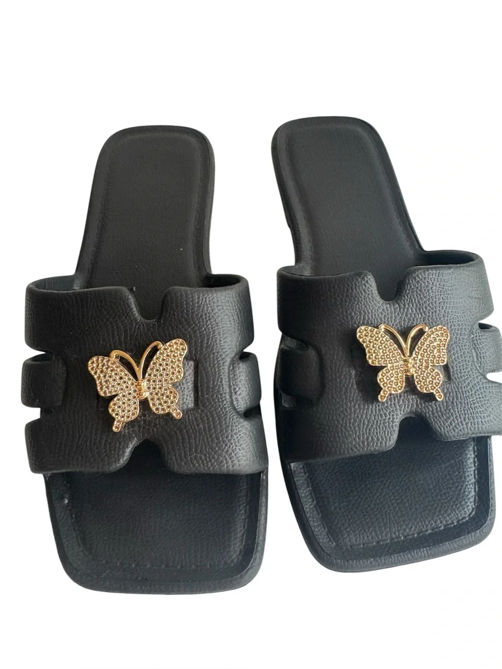 Black Slide Sandals with Gold Rhinestone Butterfly